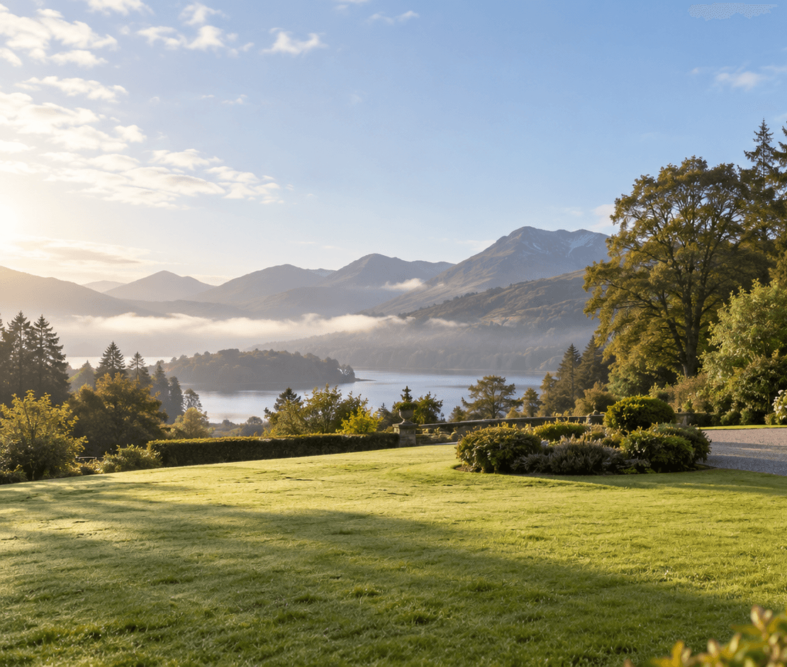 A path rising from the lawn to a mountain summit at sunrise